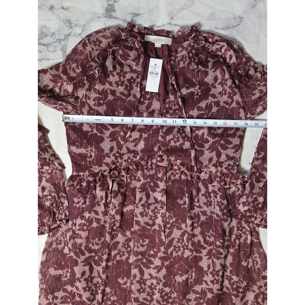 Loft Burgundy Floral Shimmer Ruffle Tie Neck Dress - Picture 4 of 7
